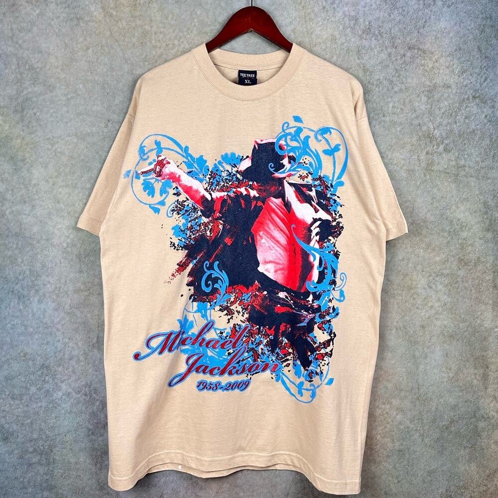 Y2K Michael Jackson Memorial Graphic T Shirt Mens XL Tan King of Pop Big Print